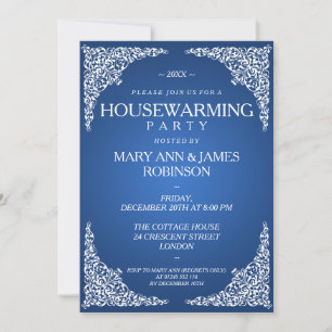Housewarming Party Vintage Swirls Blue Invitation