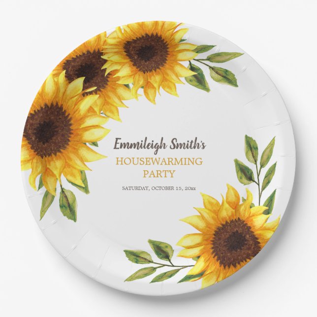 Housewarming Party Yellow Brown Sunflowers White  Paper Plate (Front)