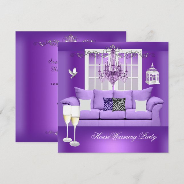 HouseWarming Purple Champagne Chandelier Sofa Invitation (Front/Back)