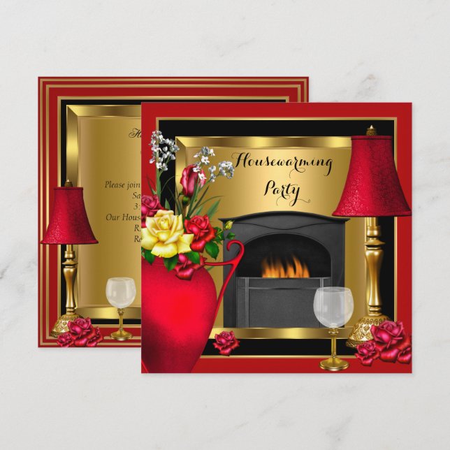 Housewarming Red Gold Roses Decor Wine Glass Invitation (Front/Back)