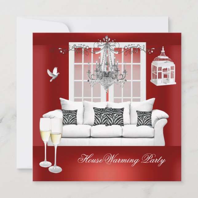HouseWarming Red White Champagne Chandelier Invitation (Front)