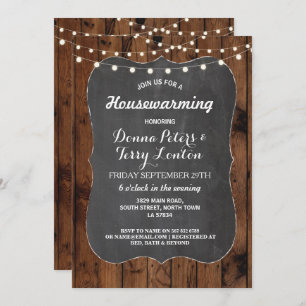 Housewarming Rustic Lights Wood Chalk Invite