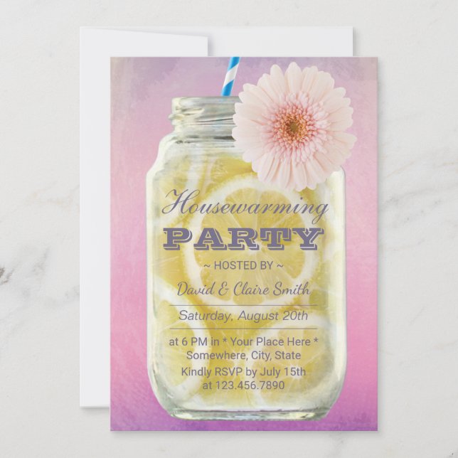 Housewarming Summer Lemonade Mason Jar Watercolor Invitation (Front)