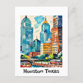 Houston Skyline water colour Postcard