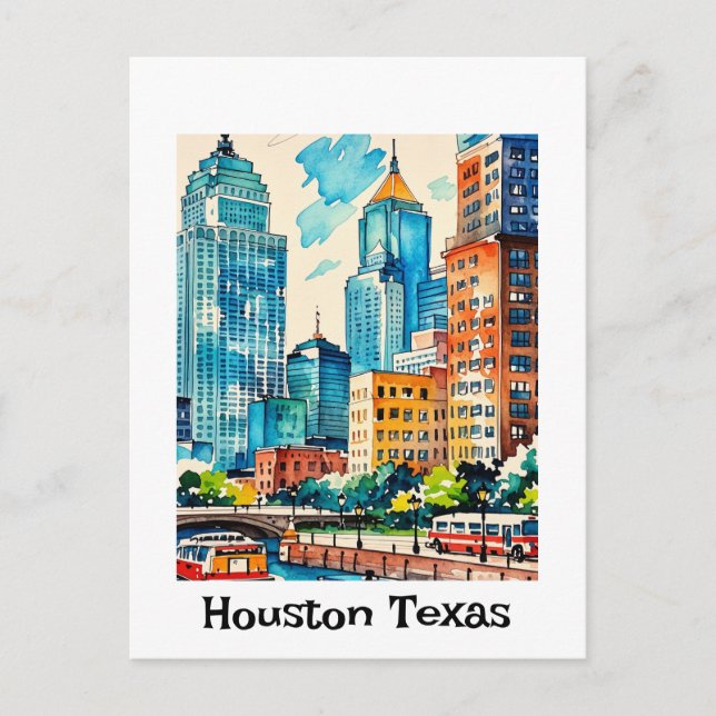 Houston Skyline water colour Postcard (Front)