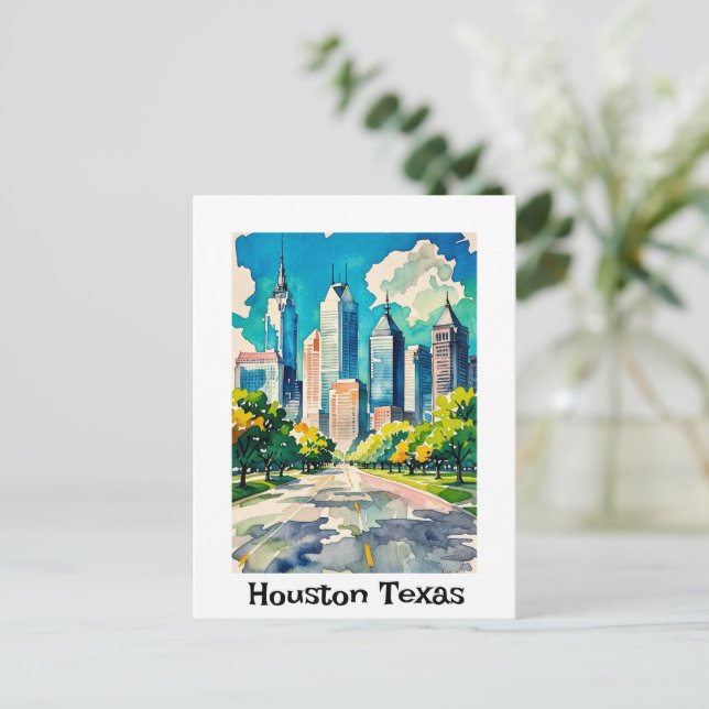 Houston Skyline water coloured Postcard (Standing Front)