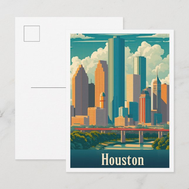 Houston Texas Art Vintage Travel Illustration Postcard (Front/Back)