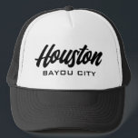 Houston Texas Bayou City trucker hat<br><div class="desc">Houston Texas Bayou City script typography trucker hat. Custom black and white baseball cap for casual wear,  beach,  sports,  travel,  golf and more. Stylish hand lettering design for men and women. Available in other cool colours too. Personalise with your own slogan or nickname optionally.</div>