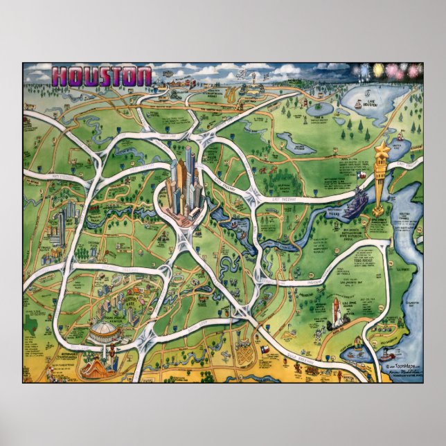 Houston Texas Cartoon Map Poster (Front)