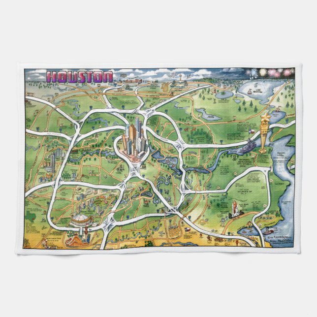 Houston Texas Cartoon Map Tea Towel (Horizontal)
