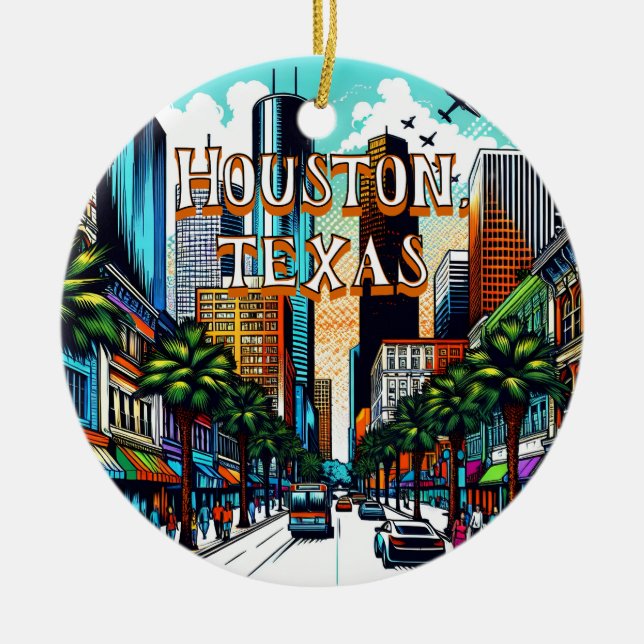 Houston, Texas Downtown City View Abstract Art Ceramic Tree Decoration (Front)