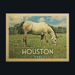 Houston Texas Horse Farm -Vintage Travel Postcard<br><div class="desc">Houston Texas rural vintage travel postcard.  It features a white horse grazing on green grass with fence and blue clouds sky above. A fun country farm image with rustic charm.</div>