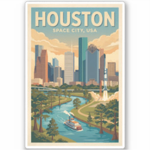 Houston Texas Illustration Travel Art Vintage