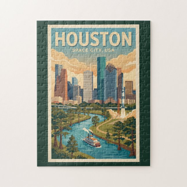 Houston Texas Illustration Travel Art Vintage Jigsaw Puzzle (Vertical)