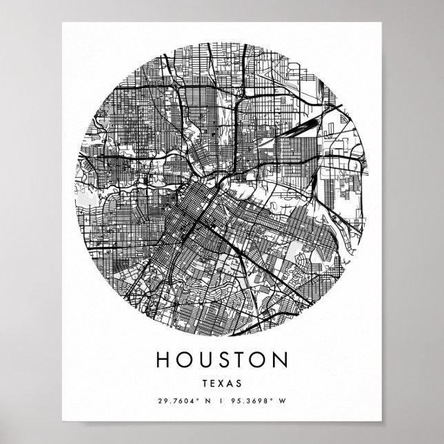Houston Texas Minimal Modern Circle Street Map Poster (Front)
