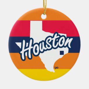 Houston, Texas, Orange, Red, Navy, Yellow Stripe Ceramic Tree Decoration
