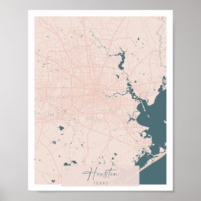 Houston Texas Pink and Blue Cute Script Street Map Poster (Front)