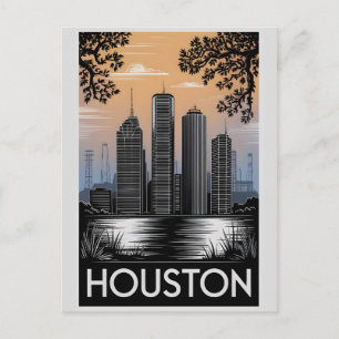 Houston Texas Skyline Black White Woodcut Postcard