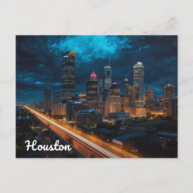 Houston Texas Skyline Night Traffic Postcard (Front)