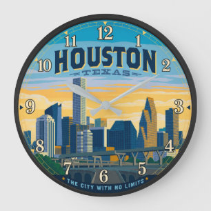 Houston Texas Skyline Vintage Travel Poster Large Clock