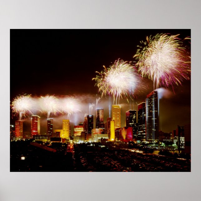 Houston, Texas skyline with fireworks Poster (Front)
