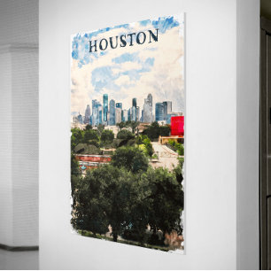 Houston Texas Vintage Retro Travel Watercolor Poster