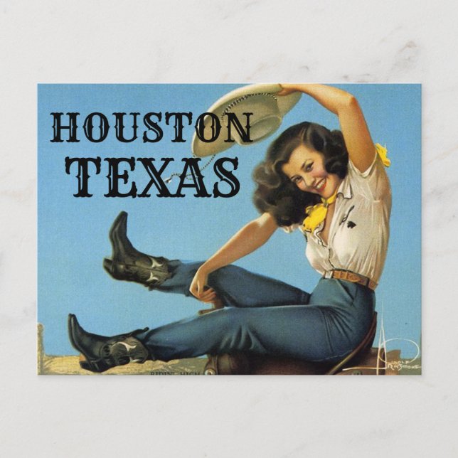 HOUSTON Texas Vintage travel Cowgirl Postcard (Front)