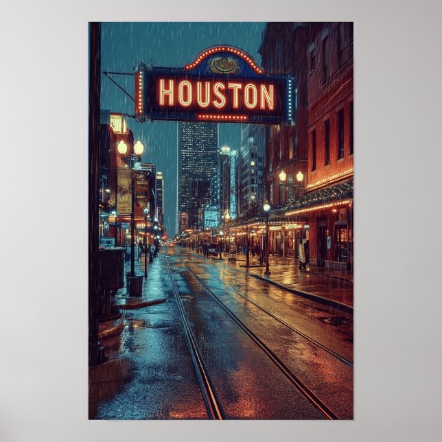 Houston USA Art Vintage Illustration Travel Poster (Front)