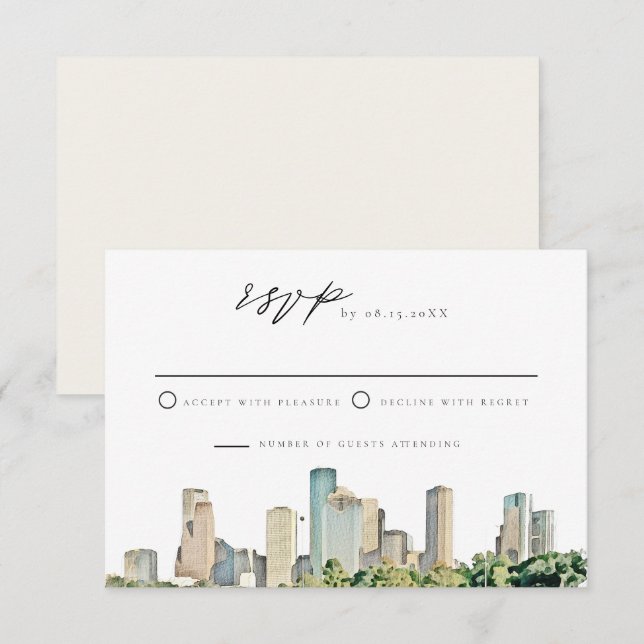 HOUSTON Watercolor Skyline Wedding RSVP Invitation (Front/Back)