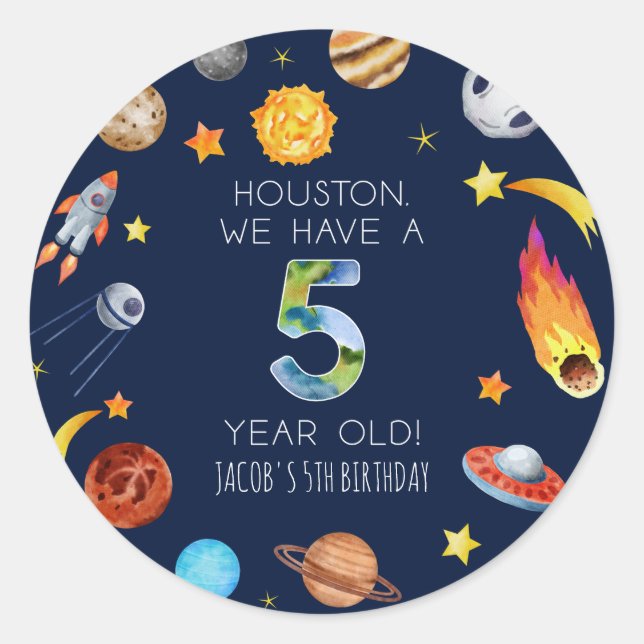 Houston We Have A 5 Year Old 5th Birthday Party Classic Round Sticker (Front)