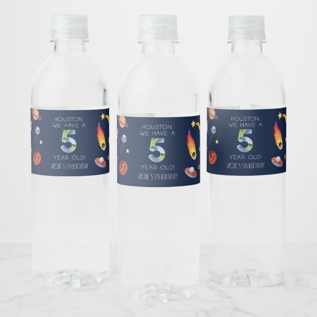 Houston We Have A 5 Year Old 5th Birthday Party Water Bottle Label (Bottles)