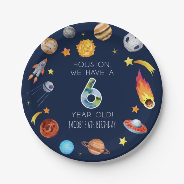 Houston We Have A 6 Year Old 6th Birthday Party Paper Plate (Front)