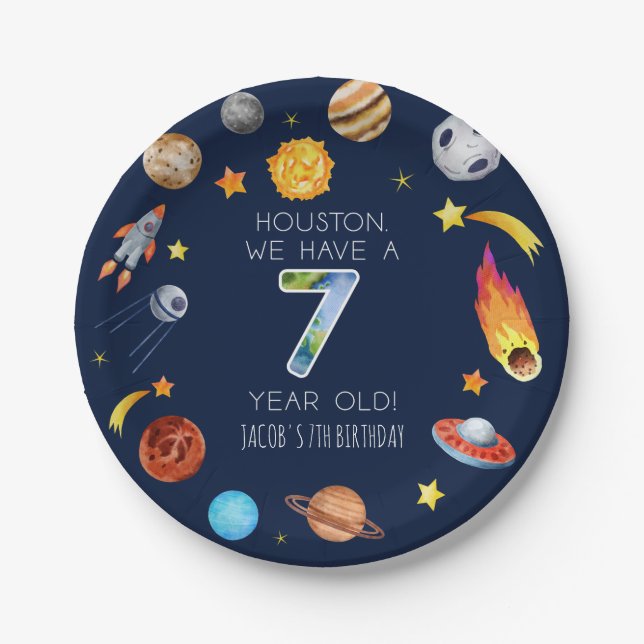 Houston We Have A 7 Year Old 7th Birthday Party Paper Plate (Front)