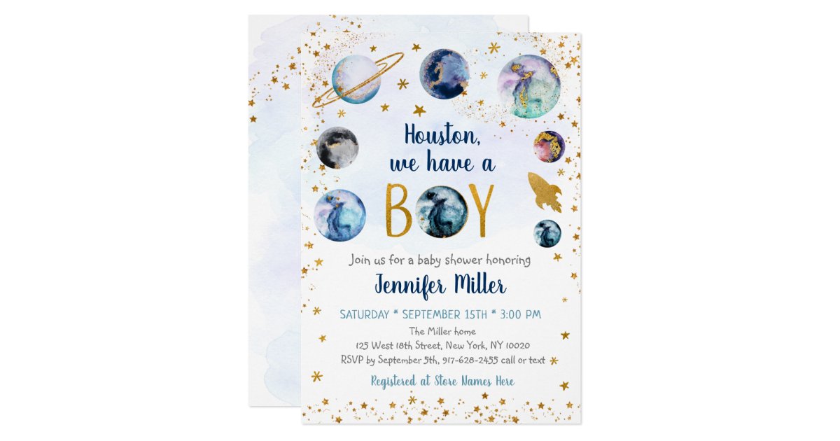 Houston We Have A Boy Blue Gold Galaxy Baby Shower Invitation Zazzle