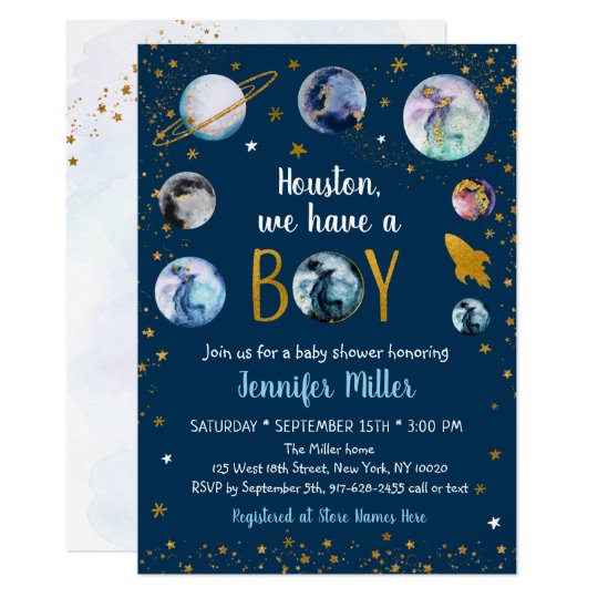 Houston We Have A Boy Blue Gold Galaxy Baby Shower Invitation Zazzle