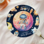 Houston We Have A Boy Outer Space Baby Shower Paper Plate<br><div class="desc">Set the table for a celestial celebration with our Space Outer Baby Shower Navy Paper Plates! These decorative yet sturdy plates are perfect for serving snacks, meals, or desserts at your baby shower while keeping cleanup easy and stress-free. Features: Cosmic Design: A navy-blue backdrop featuring sparkling stars, whimsical planets, and...</div>