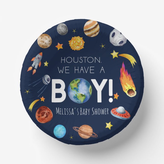 Houston We Have A Boy Space Galaxy Baby Shower Paper Plate (Front)