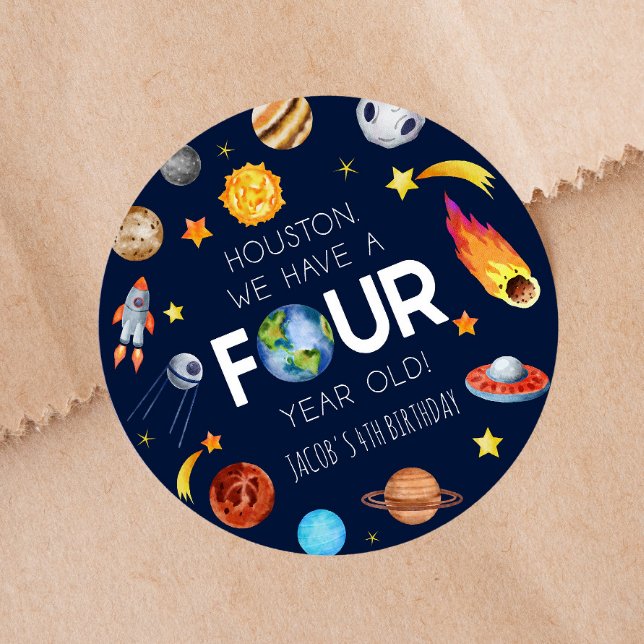Houston We Have A Four Year Old 4th Birthday Party Classic Round Sticker (Creator Uploaded)