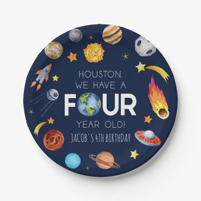 Houston We Have A Four Year Old 4th Birthday Party Paper Plate (Front)