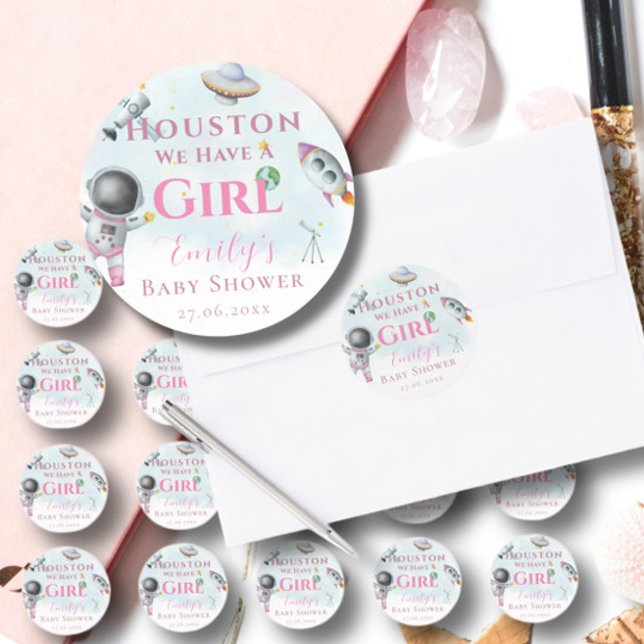 Houston We Have A Girl baby shower Space Astronaut Classic Round Sticker (Creator Uploaded)