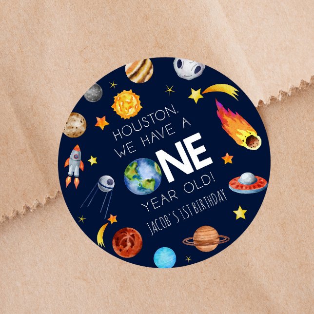 Houston We Have A One Year Old 1st Birthday Party Classic Round Sticker (Creator Uploaded)