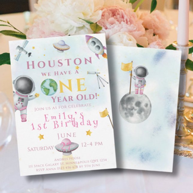 Houston We Have One year old Space girl Astronaut Invitation (Creator Uploaded)