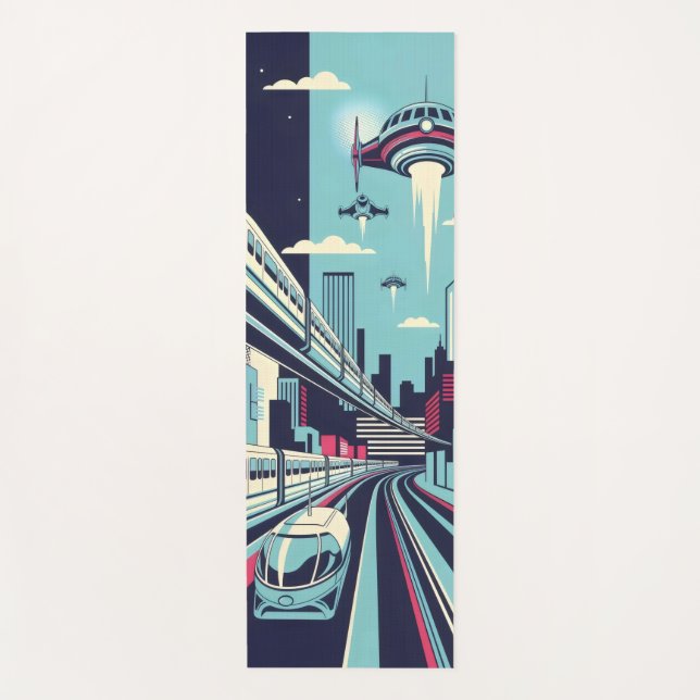 Hovering spaceship and futuristic monorail train  yoga mat (Front)