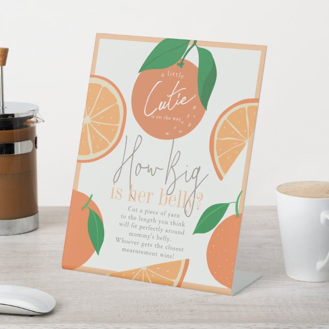 How Big is Mummy's Belly Orange Baby Shower Game Pedestal Sign (In SItu)