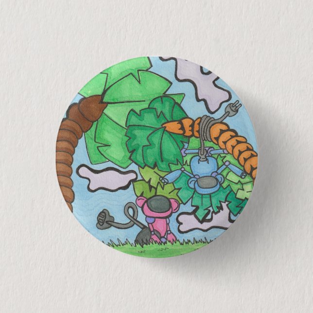 How do they monkey? 3 cm round badge (Front)