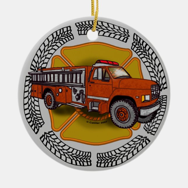 How I Roll Firefighter Firetruck Ceramic Tree Decoration (Front)