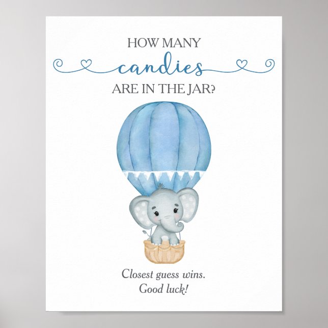 How Many Candies Blue Elephant Baby Shower Game Poster (Front)