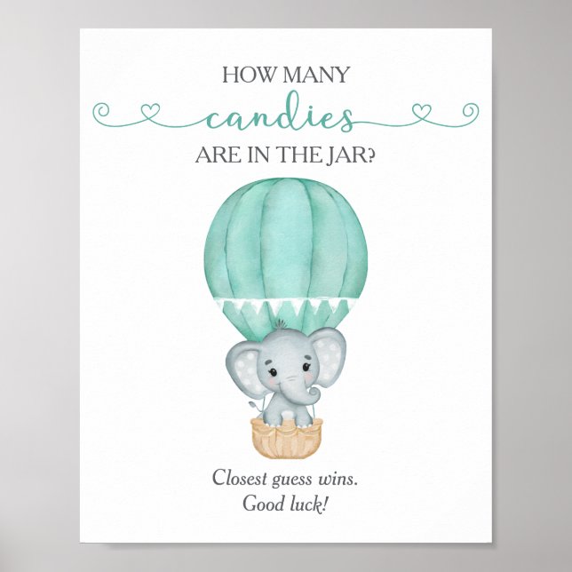How Many Candies Green Elephant Baby Shower Game Poster (Front)