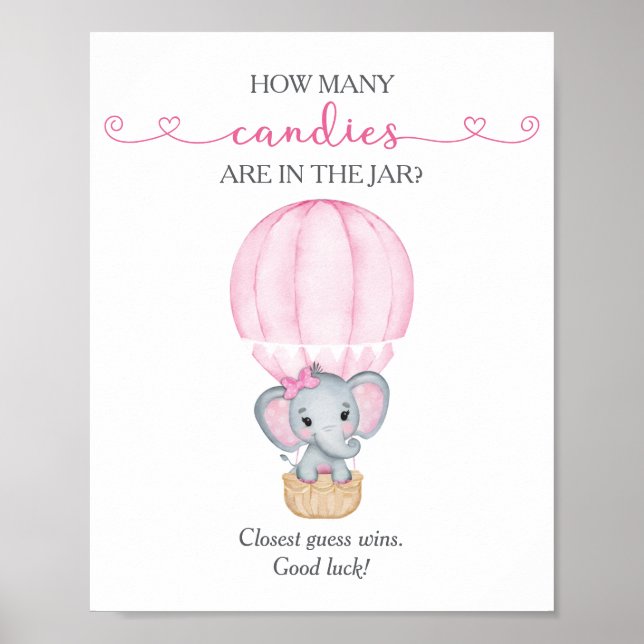 How Many Candies Pink Elephant Baby Shower Game Poster (Front)