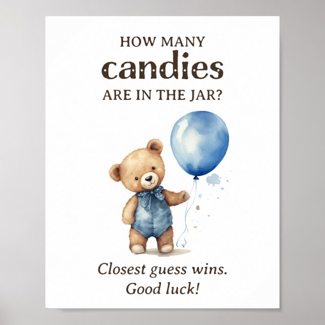 How Many Candies Teddy Bear Boy Baby Shower Poster (Front)